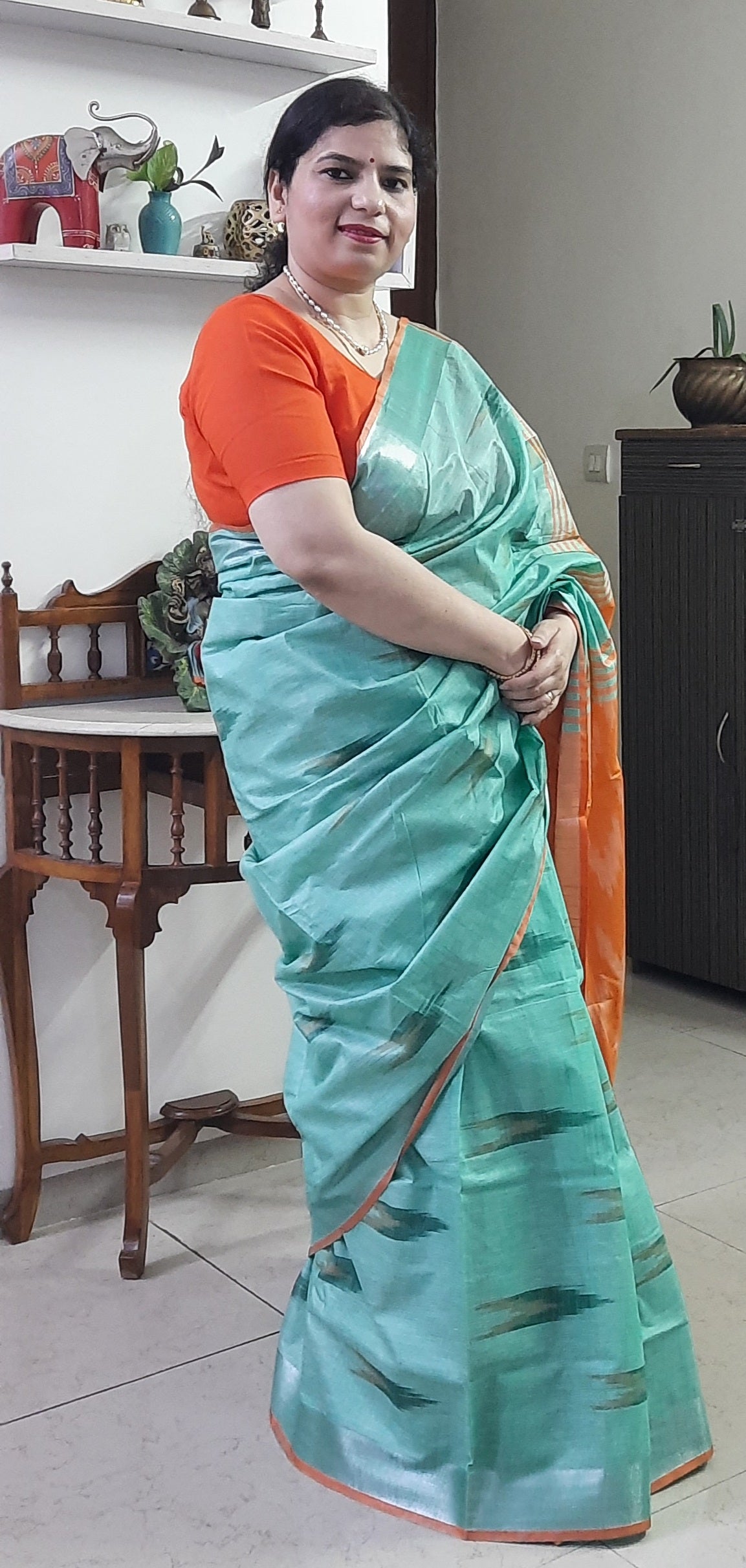 Mint Green Ikkat Linen Saree