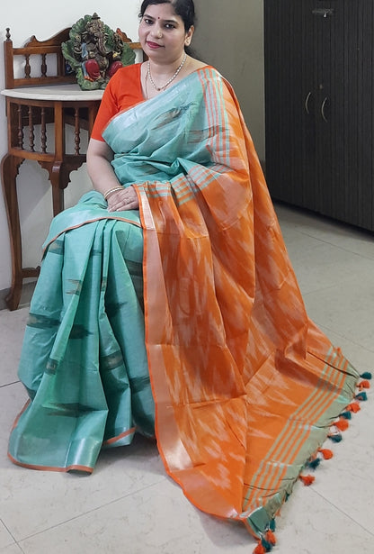 Mint Green Ikkat Linen Saree