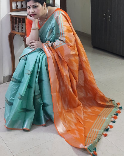 Mint Green Ikkat Linen Saree