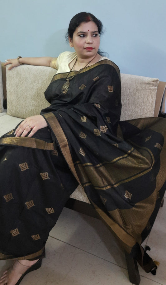 Black Cotton Silk Golden Buta Saree