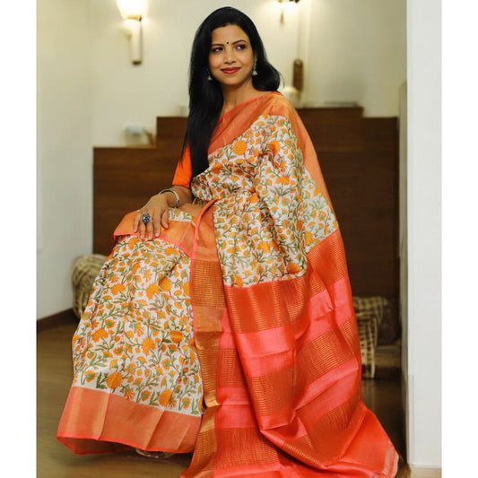 Peach Printed Pure Tussar Silk Saree