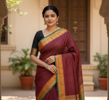 Veena - Maroon Checks South Cotton Saree