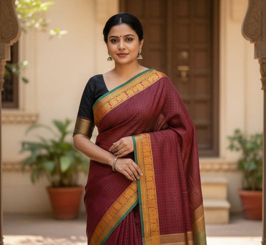 Veena - Maroon Checks South Cotton Saree