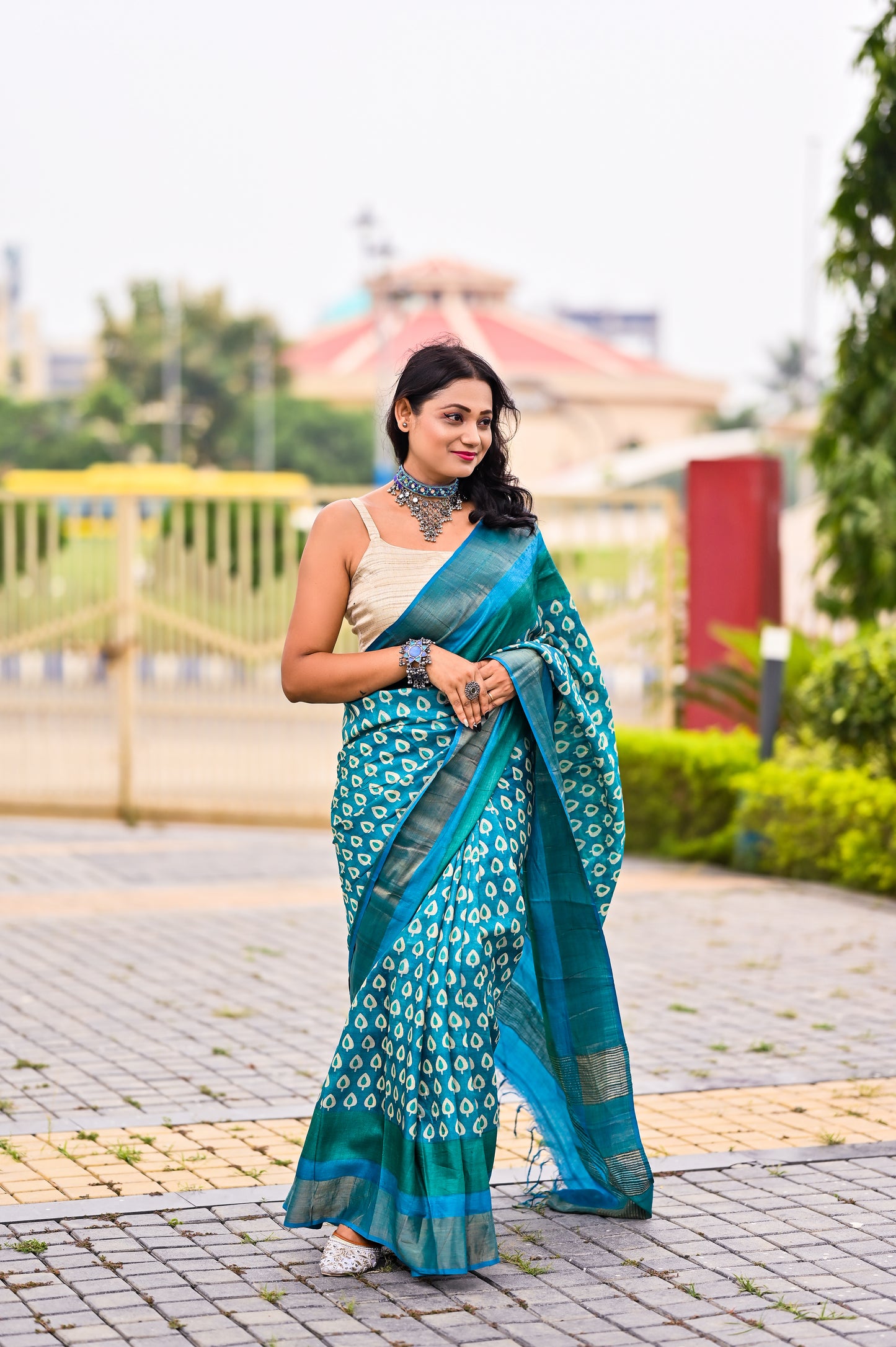 Blue Printed Tussar Silk Saree