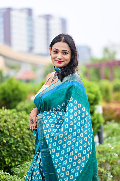 Blue Printed Tussar Silk Saree