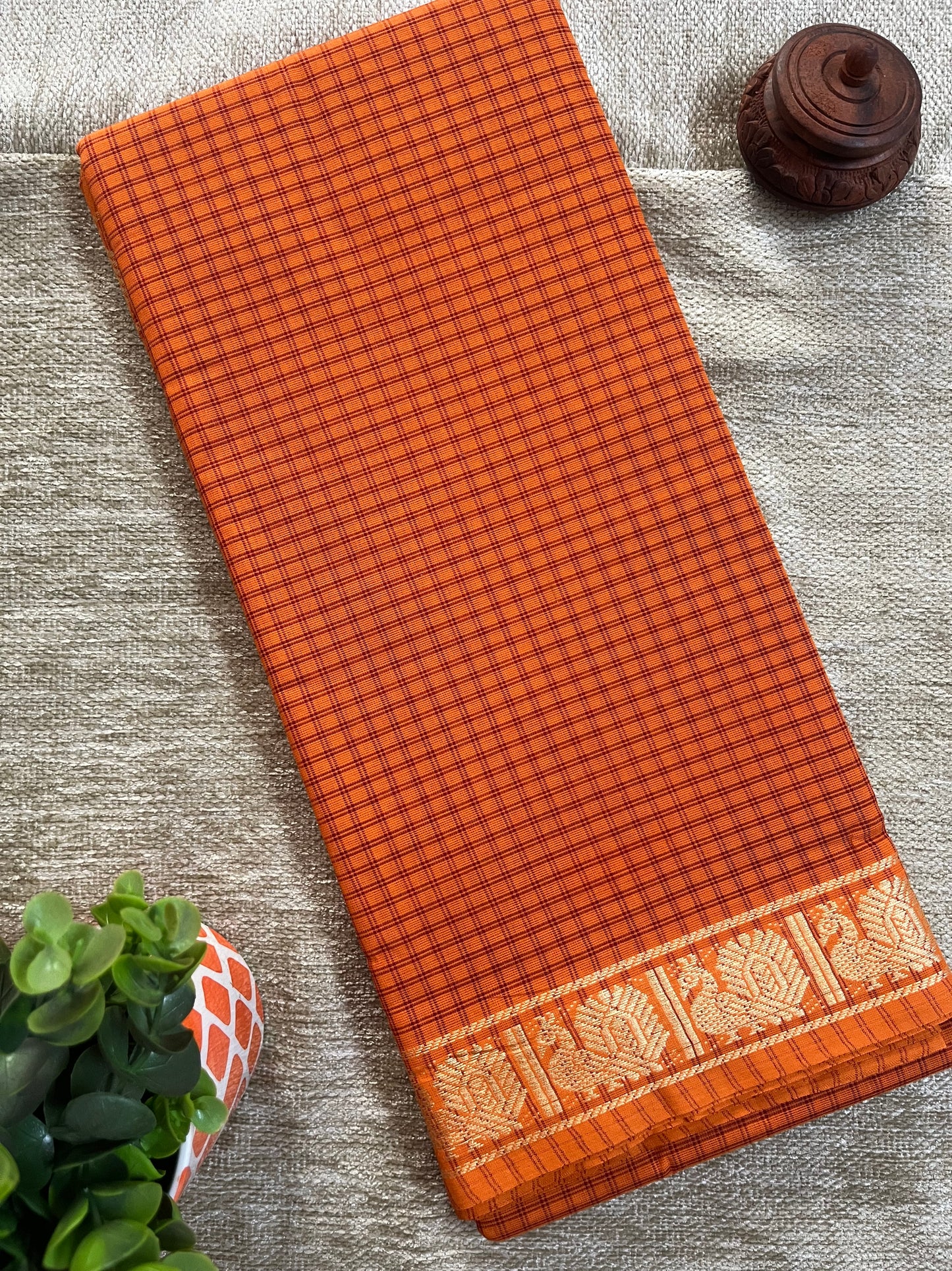 Orange Checks Pure Cotton Saree