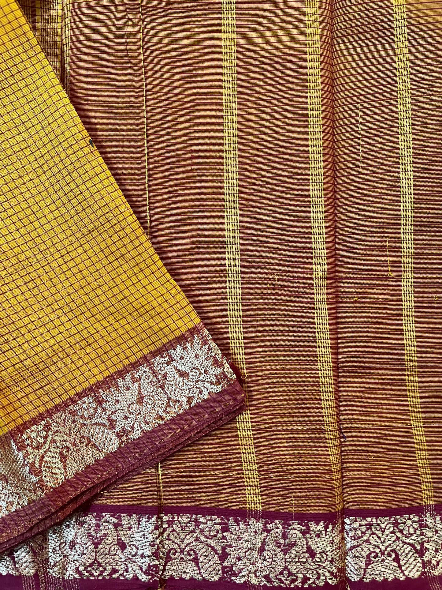 Mustard Yellow Checks Pure Cotton Saree