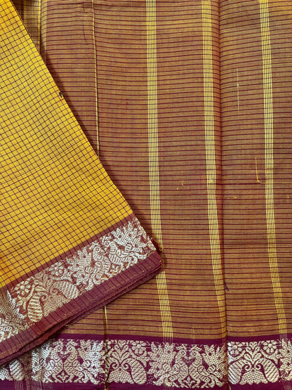 Mustard Yellow Checks Pure Cotton Saree