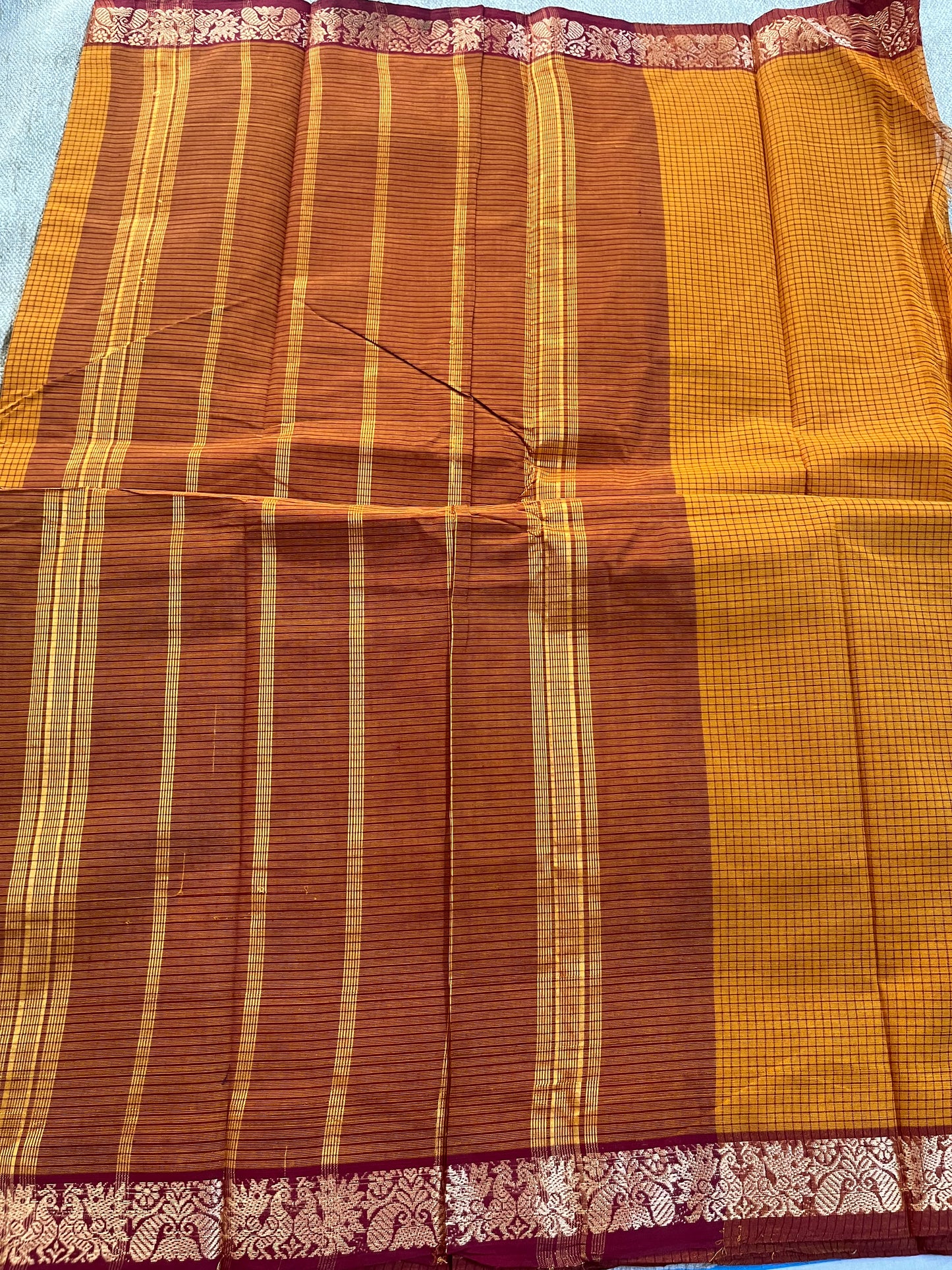 Mustard Yellow Checks Pure Cotton Saree