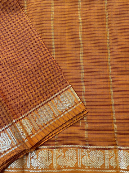 Orange Checks Pure Cotton Saree