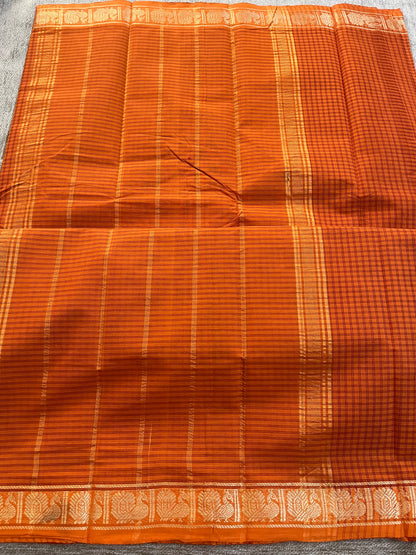 Orange Checks Pure Cotton Saree