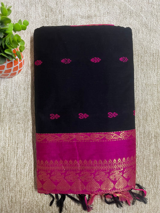 KALYANI - Black and Magenta Pure Cotton Saree