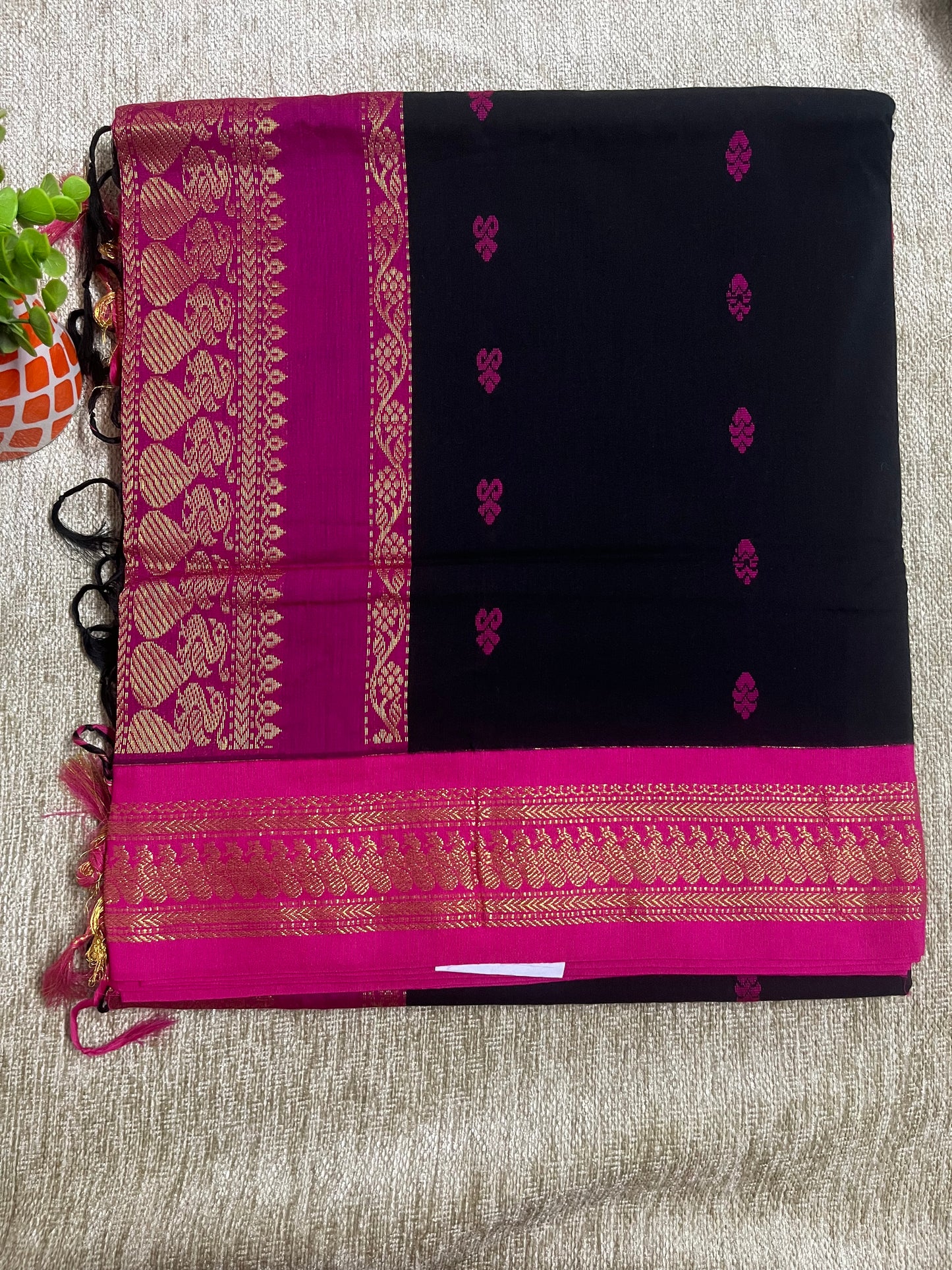 KALYANI - Black and Magenta Pure Cotton Saree