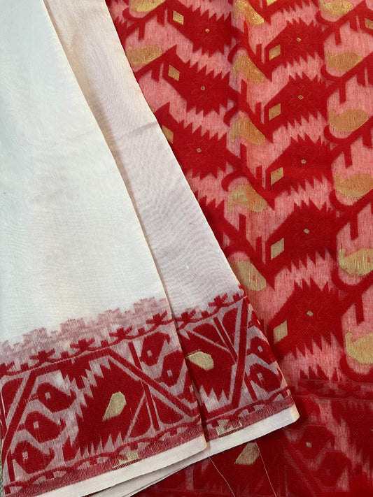 MALINI - White-Red Jamdani Saree