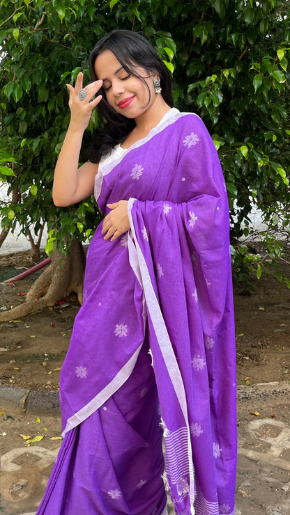 Purple Khadi Cotton Jamdani Saree