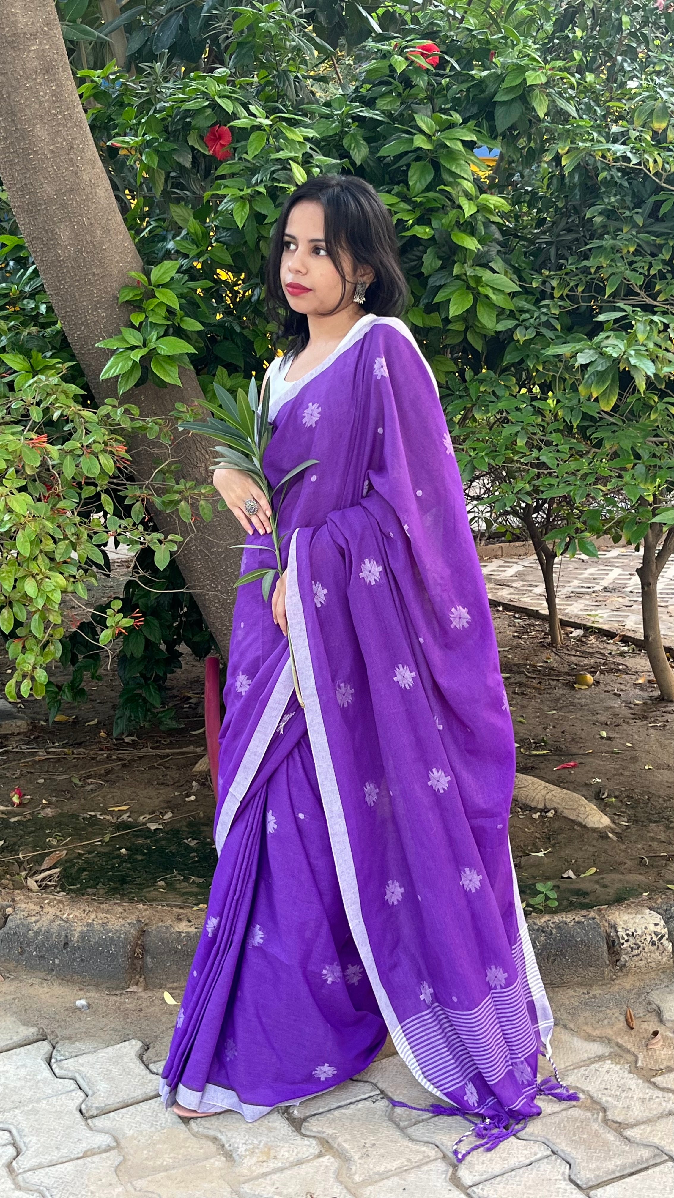 Purple Pure Cotton Banarasi Handloom Jamdani Saree - Tilfi