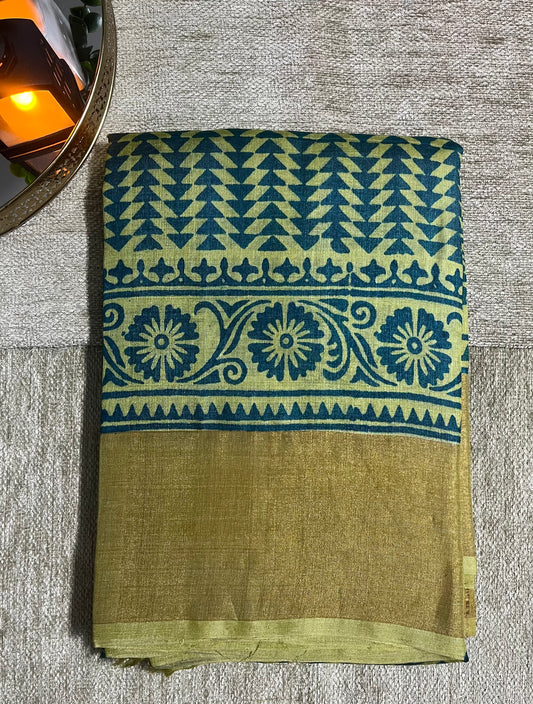 Mudita - Lemon & Teal Printed Pure Tussar Silk Saree