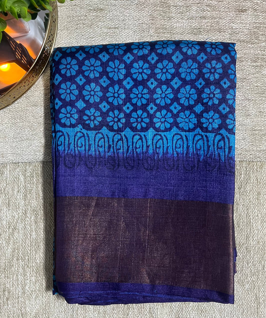 Mudita - Navy Blue Printed Pure Tussar Silk Saree