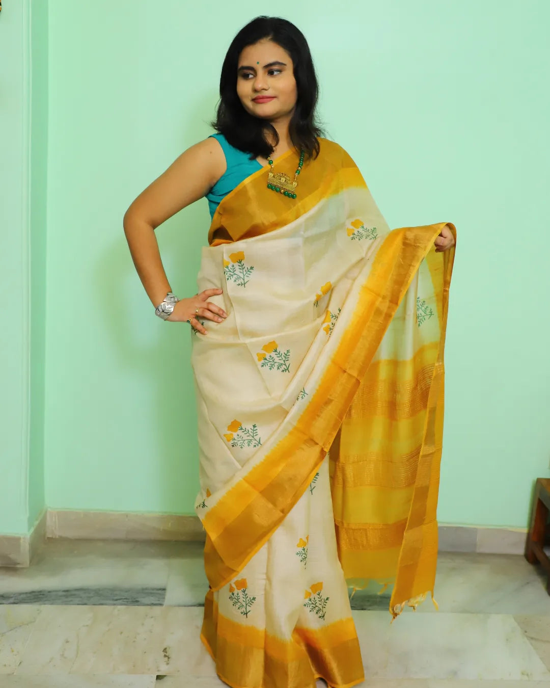 Off White Tussar Silk Saree with Yellow Floral Motifs