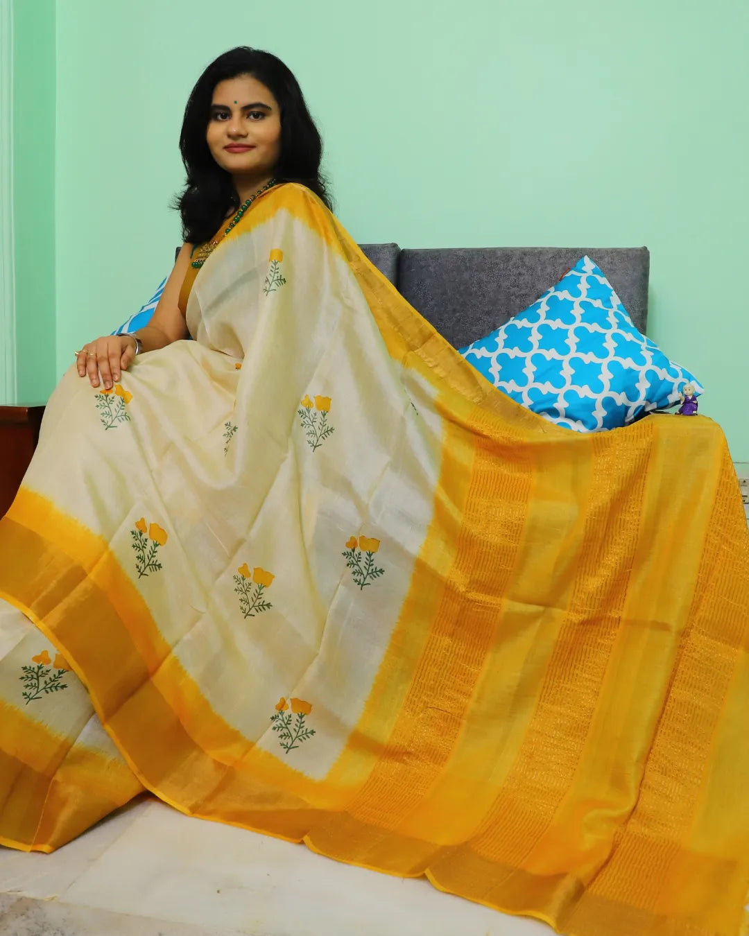 Off White Tussar Silk Saree with Yellow Floral Motifs
