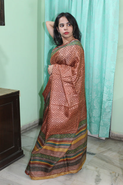 Brown Printed Tussar Silk Saree
