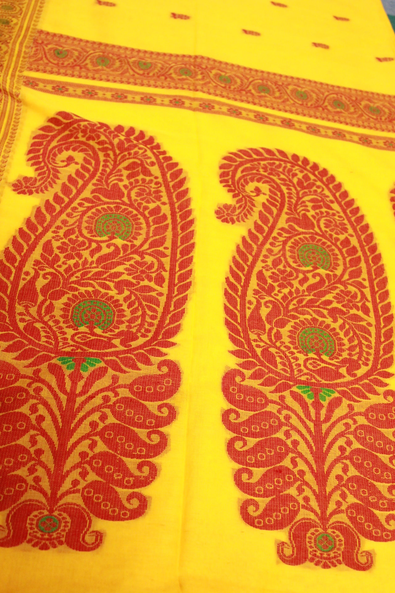 Buy Yellow Baluchari Saree with Red Border in Cotton