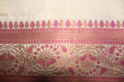 Beige Semi Tussar Silk Saree with Magenta Border