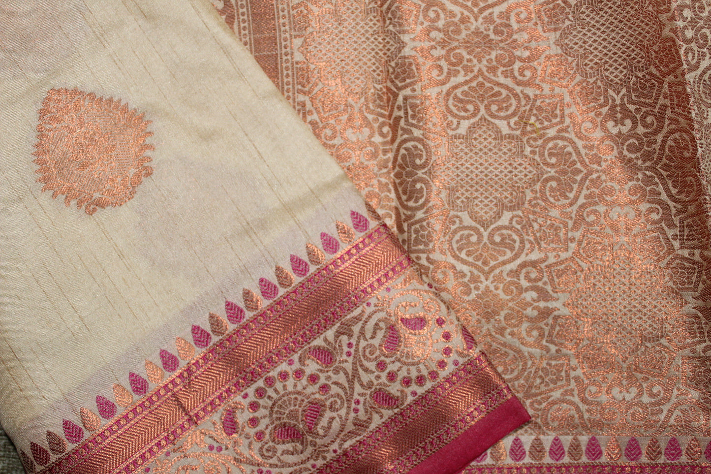 Beige Semi Tussar Silk Saree with Magenta Border