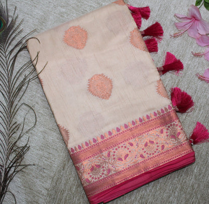 Beige Semi Tussar Silk Saree with Magenta Border