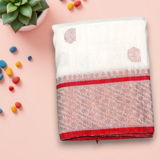 AMBIKA - White Organic Linen Banarasi Handloom Saree with Red Border