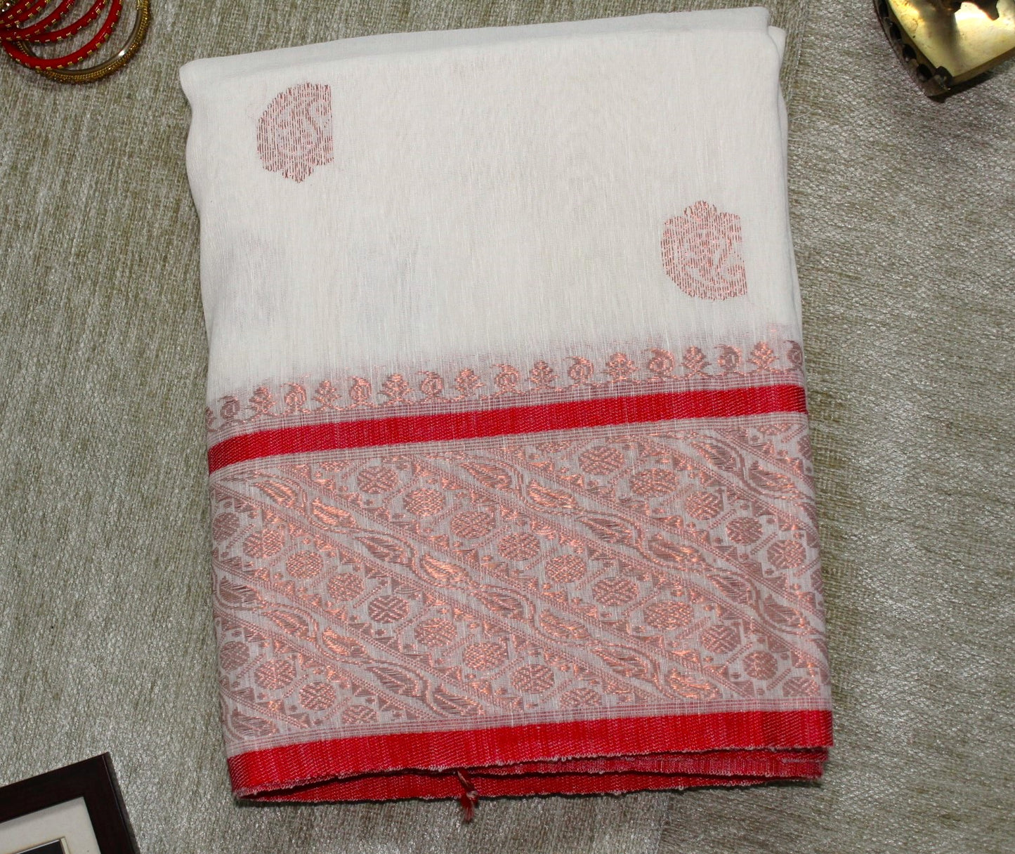 White Organic Linen Banarasi Handloom Saree with Red Border