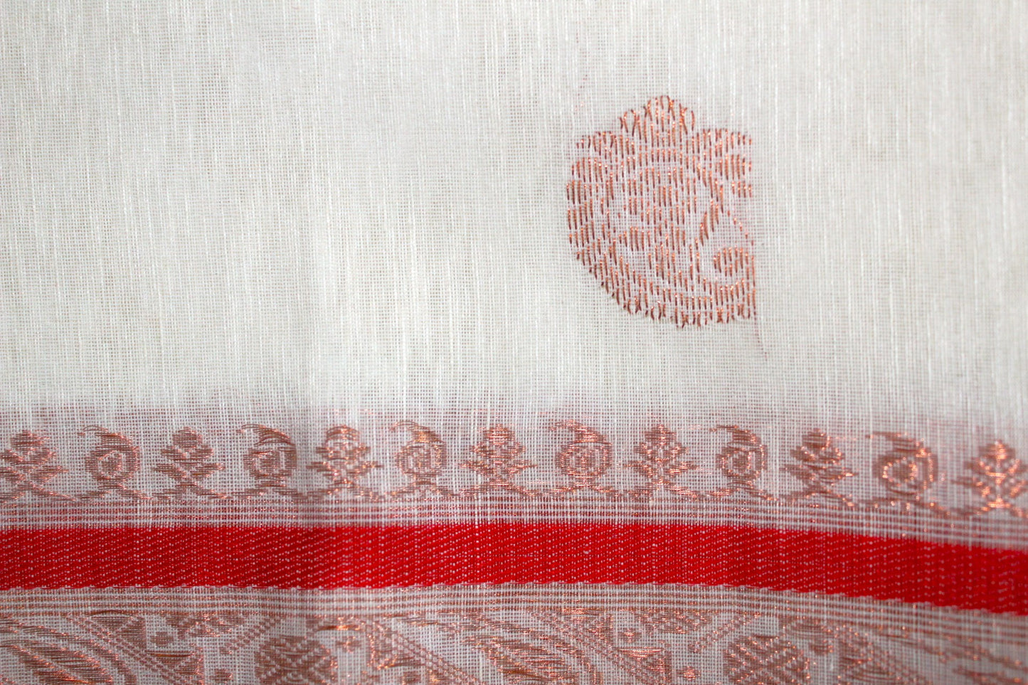 White Organic Linen Banarasi Handloom Saree with Red Border