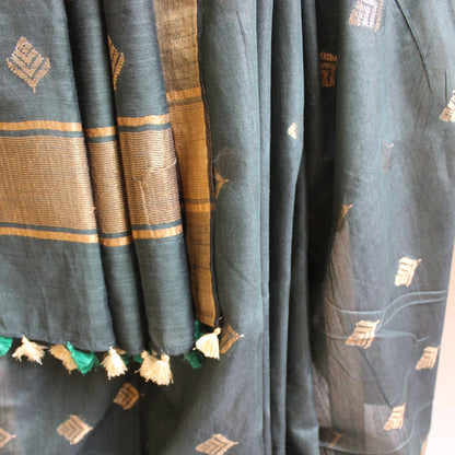 Bottle Green Cotton Silk Zari Buta Saree