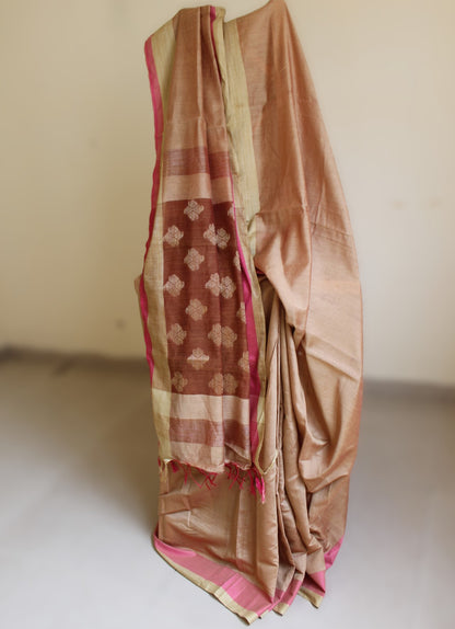 Almond Plain Cotton Silk Saree