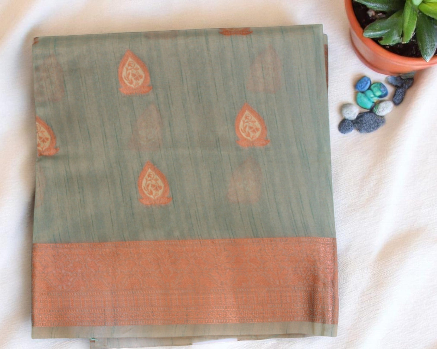 Mint Green Tissue Organza Saree with Copper Motifs