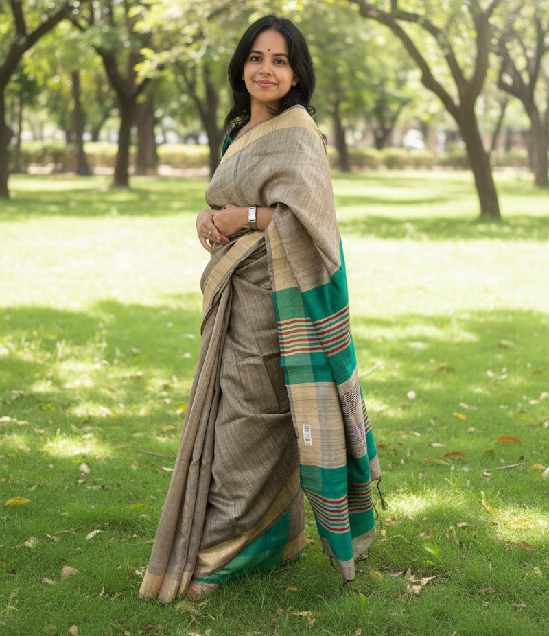 Handloom Mink Grey Pure Tussar Silk Saree