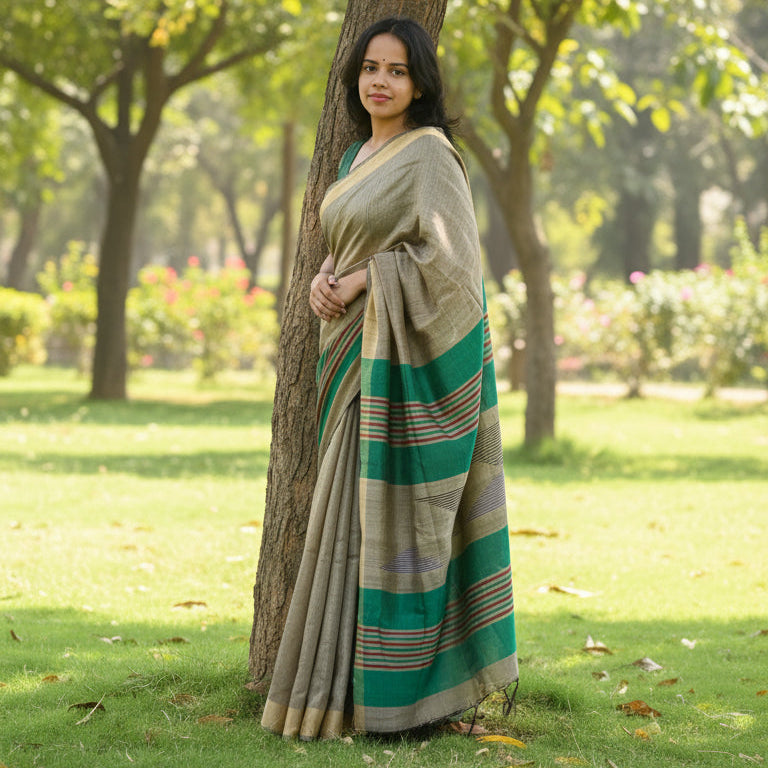 Handloom Mink Grey Pure Tussar Silk Saree