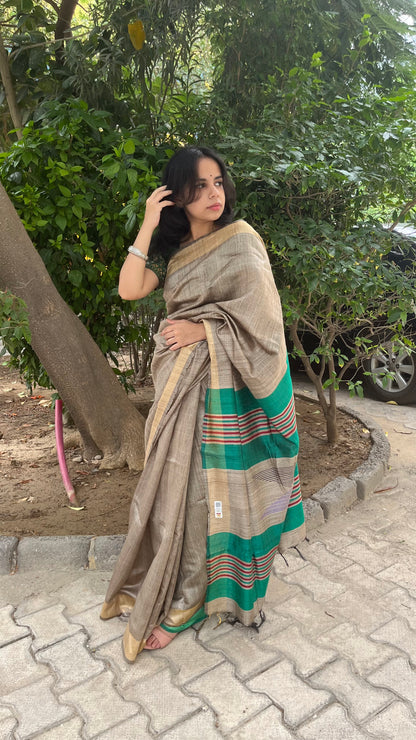 Handloom Mink Grey Pure Tussar Silk Saree