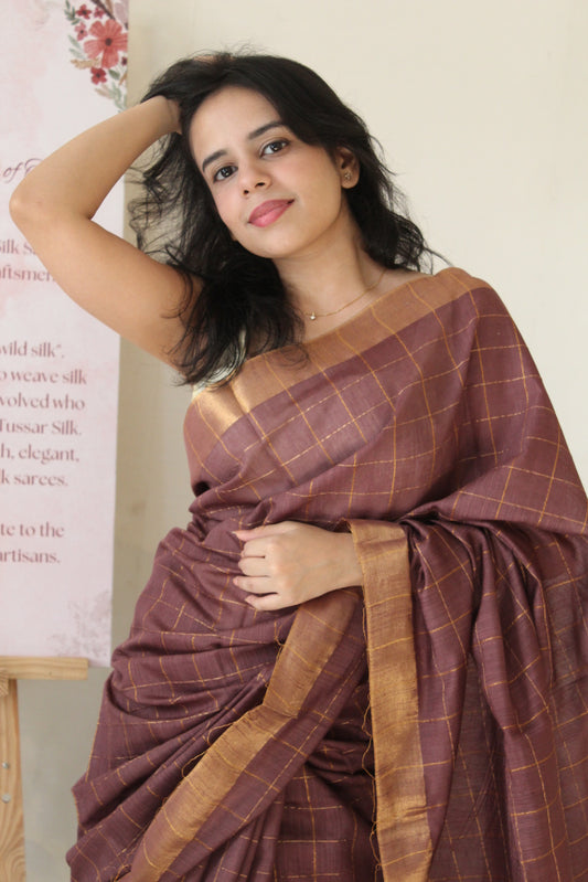 Brown Cotton Silk Zari Checks Saree