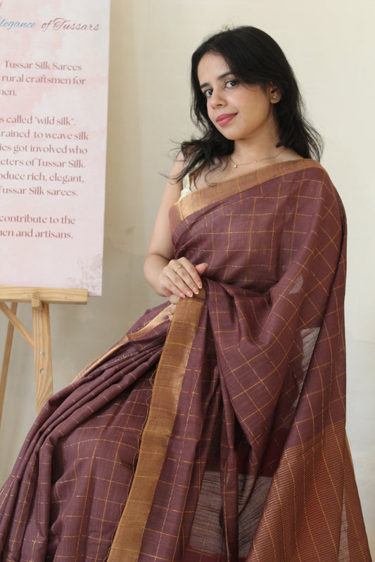 Brown Cotton Silk Zari Checks Saree