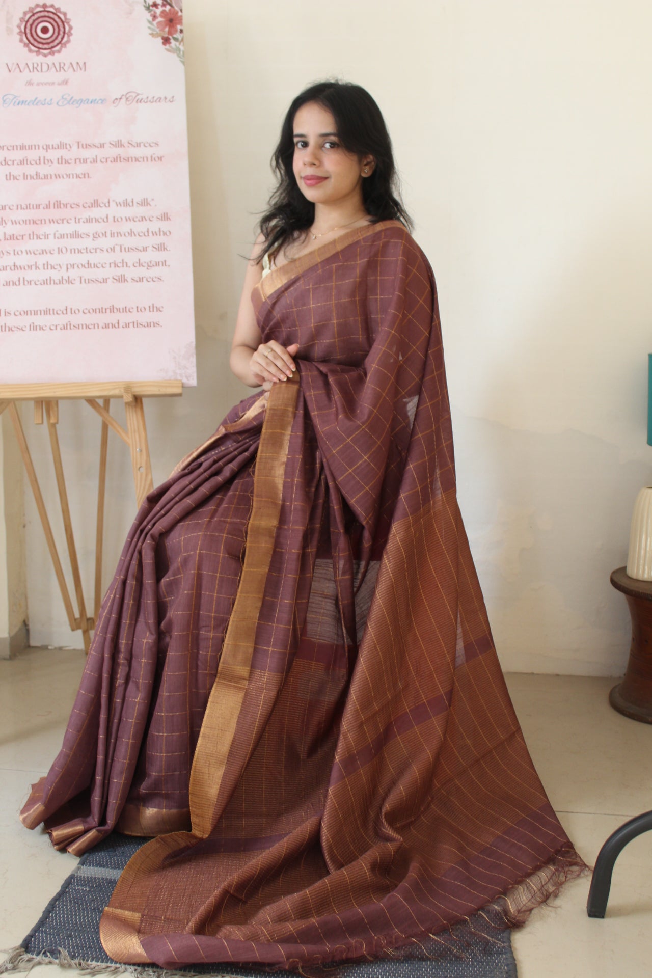 Brown Cotton Silk Zari Checks Saree