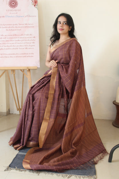 Brown Cotton Silk Zari Checks Saree