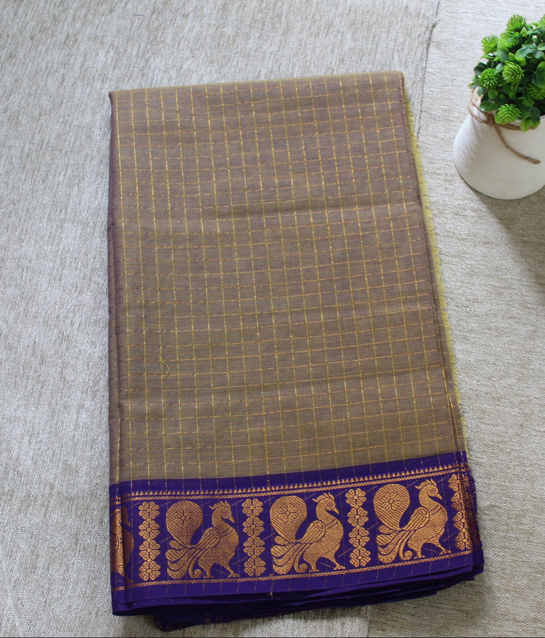 Avani - Light Brown Zari Checks Mayuri Border Pure Cotton Saree