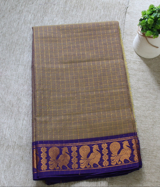 Avani - Light Brown Zari Checks Mayuri Border Pure Cotton Saree