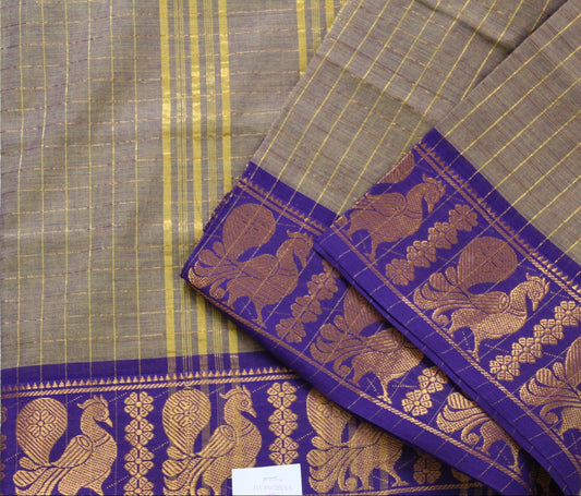 Avani - Light Brown Zari Checks Mayuri Border Pure Cotton Saree
