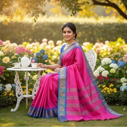 Anvi - Pink Zari Checks Mayuri Border Pure Cotton Saree