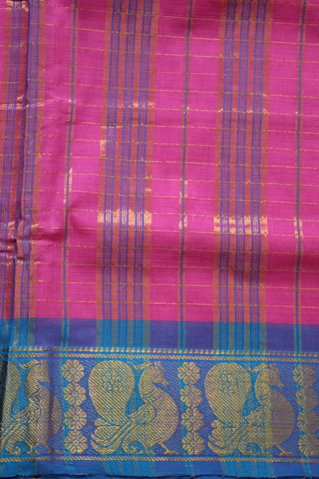 Anvi - Pink Zari Checks Mayuri Border Pure Cotton Saree