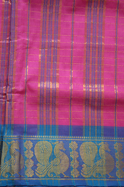 Anvi - Pink Zari Checks Mayuri Border Pure Cotton Saree