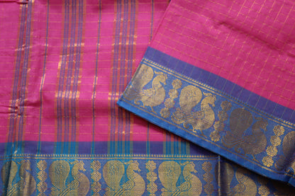 Anvi - Pink Zari Checks Mayuri Border Pure Cotton Saree