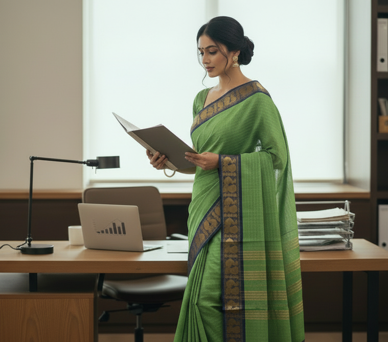 Kanan - Green Zari Checks Mayuri Border Pure Cotton Saree